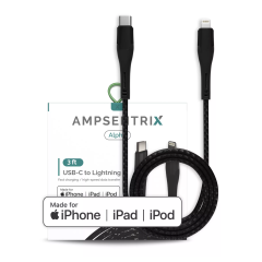 3 ft MFI Lightning To USB Type C Cable (AmpSentrix) (Alpha) (Black)