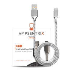 6 ft Micro USB To USB Type A Cable (AmpSentrix) (Infinity) (Silver)